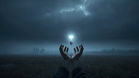 A pair of hands reaches out toward a glowing light bulb suspended in a dark, stormy sky, symbolizing inspiration and creativity amid uncertainty.の素材