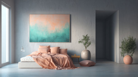 A beautifully designed modern bedroom showcasing a soothing palette of soft pastels and natural light, creating a tranquil and inviting space.の素材