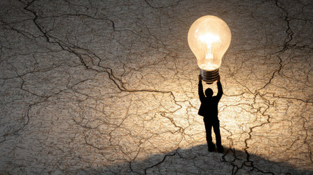 A person holds a giant light bulb against an abstract landscape, symbolizing the concepts of ideas, innovation, and personal growth in a creative environment.の素材