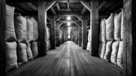 This striking black and white photograph showcases the interior of a historic warehouse, featuring neatly stacked grain bags along rustic wooden beams and a long wooden aisle.の素材