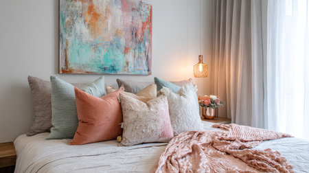 This image captures a beautifully arranged bedroom showcasing soft cushions, elegant throws, and stunning artwork that creates a warm and inviting atmosphere.の素材