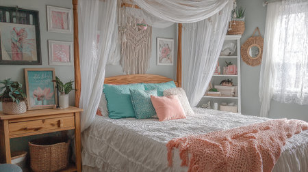 This image showcases a cozy bedroom featuring a stylish canopy bed adorned with soft pastel pillows, bohemian decor, and a serene atmosphere perfect for relaxation.の素材