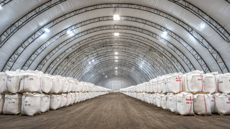 This image captures the expansive interior of an industrial warehouse, lined with white storage sacks, showcasing a well-organized and spacious environment for agricultural and logistical operations.の素材