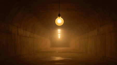 This image captures a mysterious tunnel illuminated by a hanging light bulb, featuring fog and shadows that create an atmospheric and eerie feeling.の素材