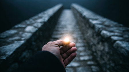 A hand emerges from the mist, holding a sparkling light that illuminates a stone path, symbolizing hope and adventure in a serene, mysterious atmosphere.の素材