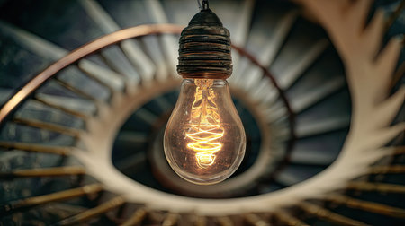 This image features a vintage lightbulb hanging over an intricately designed spiral staircase, radiating a warm glow that enhances the aesthetic appeal of the space.の素材