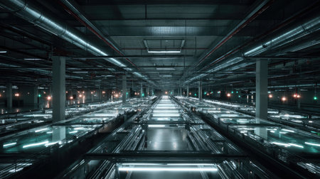 Explore a futuristic industrial warehouse interior showcasing a complex network of pipes and neon lighting. The dark environment highlights the modern architecture and creates a unique perspective.の素材