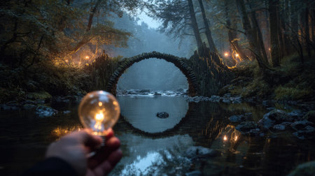 A mesmerizing forest scene featuring a glowing light bulb held in hand, framed by a tranquil stone bridge and misty surroundings, exuding enchantment.の素材