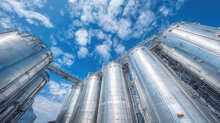 A wide-angle view of large industrial silos reflecting sunlight against a bright blue sky filled with fluffy clouds, showcasing modern agricultural storage solutions.の素材