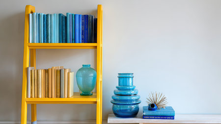 A colorful yellow shelf showcases an assortment of blue and yellow books, paired with elegant decorative vases and stylish accents for a modern touch.の素材