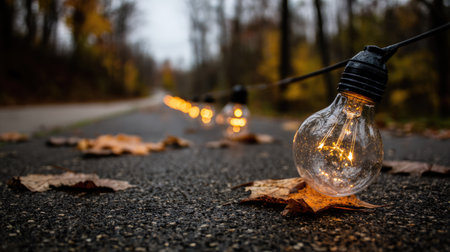 This captivating outdoor scene features glowing string lights along a quiet path, surrounded by fallen autumn leaves, evoking warmth and tranquility.の素材