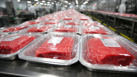 A wide perspective of freshly packaged raw beef cuts showcases the meat processing sector's modern and hygienic facilities. The image highlights quality and efficiency.の素材