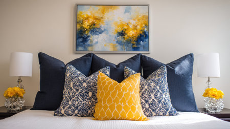 This image captures a cozy bedroom setting featuring blue and yellow decorative pillows, vibrant artwork, and charming floral arrangements, creating a welcoming atmosphere.の素材
