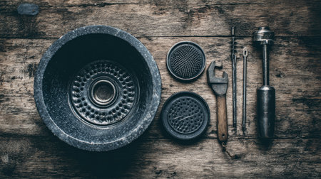 A carefully arranged composition of vintage tools and equipment on rustic wood, showcasing the artistry and craftsmanship of home improvement projects.の素材