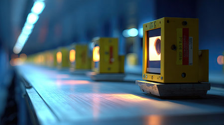This image showcases yellow measuring instruments arranged on a production line, highlighting precision tools in a modern industrial setting with blue tones.の素材
