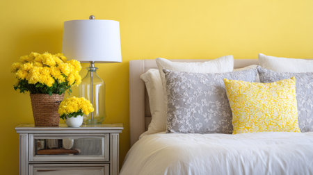 This cozy bedroom features a vibrant yellow wall and fresh floral arrangements that create a serene atmosphere. The stylish bedding and decor enhance comfort, making it a perfect retreat for relaxation and inspiration.の素材