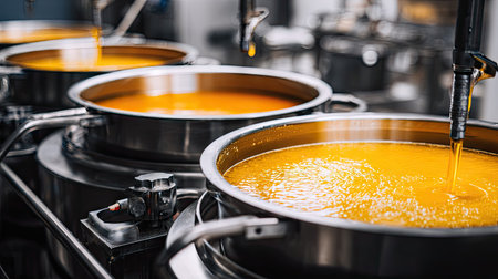 This image showcases the industrial production of a creamy orange sauce in stainless steel tanks, highlighting the smooth texture and vibrant color.の素材