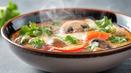 A steaming bowl of soup featuring a mix of fresh mushrooms, vibrant vegetables, and fragrant herbs presented against a stylish gray background.の素材