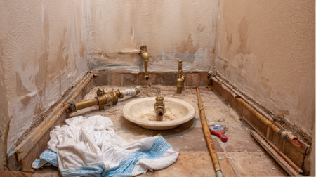 This image showcases a cluttered bathroom renovation site featuring exposed plumbing, dirty surfaces, tools, and an unfinished sink. The scene captures the essence of home improvement and the challenges faced during construction.の素材