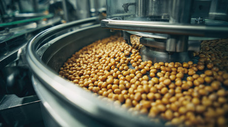 A close-up view of an industrial soybean processing machine featuring golden soybean seeds in motion, highlighting modern agricultural technology and precision.の素材