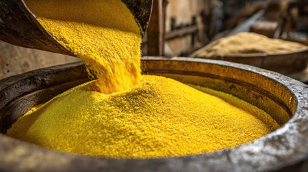 This striking image captures the vibrant moment of a bright yellow powder being poured into a large bowl in an active industrial environment. The focus on texture and color highlights the raw materials used in various manufacturing processes, showcasing the dynamic workflow within the industry.の素材