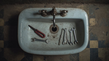 This captivating image showcases a vintage sink paired with neatly arranged tools, evoking a sense of nostalgia and the essence of manual craftsmanship in a workshop environment.の素材