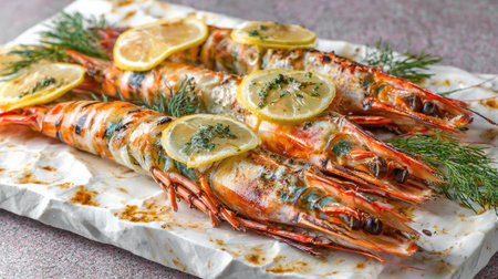 A beautifully presented dish featuring grilled shrimp garnished with fresh lemon slices and herbs, perfect for showcasing gourmet seafood cuisine.の素材
