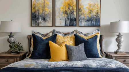 A cozy and inviting bedroom setup showcasing blue and yellow decorative pillows, elegant lamps, and beautiful framed wall art of autumn trees.の素材