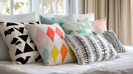 A collection of colorful and patterned decorative cushions arranged beautifully on a cozy sofa, enhancing the comfort and style of a modern living room.の素材