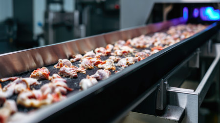 The image captures a scene from a poultry processing facility, showcasing raw chicken parts on a conveyor belt in a hygienic workspace.の素材