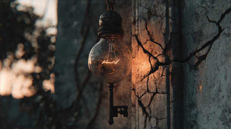 A striking rustic vintage light bulb hangs from a weathered wall adorned with cracks, complemented by a key, creating a serene and atmospheric ambiance.の素材