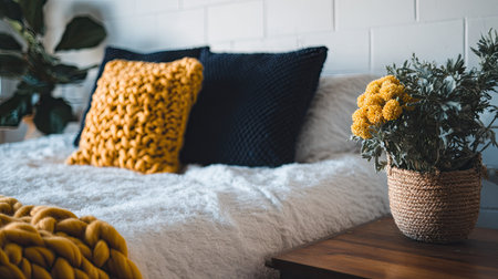 A serene and cozy bedroom scene showcasing textured pillows and a soft blanket on a stylish bed, complemented by a decorative plant for a warm atmosphere.の素材