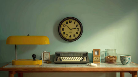 A beautifully arranged vintage workspace showcasing a classic typewriter, a yellow lamp, and a wall clock, creating a cozy and inspiring environment.の素材