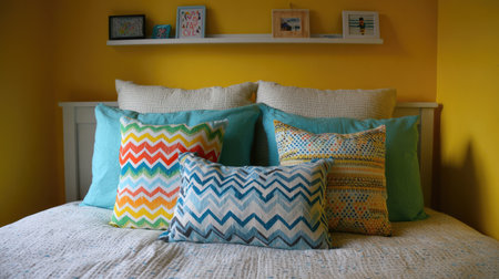 This serene bedroom features a inviting bed adorned with an array of colorful cushions against bright yellow walls, creating a cheerful and cozy atmosphere perfect for relaxation.の素材