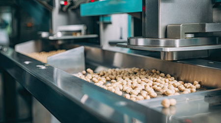 This image captures a modern automated peanut processing line, highlighting the smooth movement of nuts on a stainless steel conveyor system in a high-tech factory.の素材