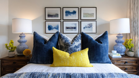 This elegant bedroom showcases a harmonious blend of blue and yellow accents, featuring textured pillows, stylish lamps, and decorative art. The inviting atmosphere highlights modern design elements for a cozy and serene retreat.の素材