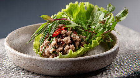 A beautifully plated salad featuring minced meat topped with fresh herbs, served on a crisp lettuce leaf. Ideal for healthy dining and culinary inspiration.の素材