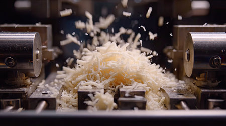 A close-up view of industrial equipment shredding cheese, capturing the motion and texture of freshly shredded cheese in an active production line.の素材