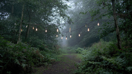 A serene pathway in a misty forest, adorned with hanging lights. This enchanting scene captures the beauty of nature enveloped in fog, inviting exploration.の素材