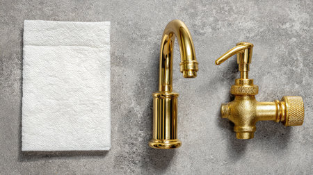 A luxurious gold faucet paired with a pristine towel rests on a textured stone surface, perfect for inspiring modern kitchen or bathroom design ideas.の素材