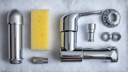 A detailed arrangement of chrome kitchen faucet components paired with a cleaning sponge on a white background. Ideal for plumbing and maintenance visuals.の素材