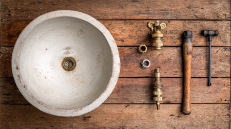 A vintage bathroom sink with accompanying plumbing tools arranged on a rustic wooden tabletop, showcasing elements for home repair and renovation projects.の素材