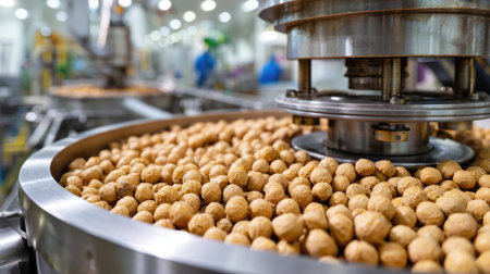 This image showcases a close-up view of industrial equipment in a nut processing factory, highlighting freshly roasted nuts on the conveyor belt. The machinery reflects advanced technology and efficient food production methods.の素材