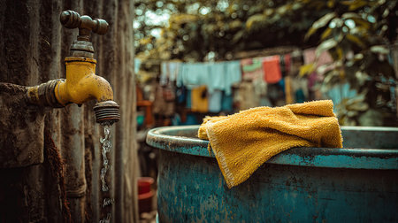 A vibrant image showcasing a yellow towel resting on a blue barrel next to a water spout, with colorful laundry hanging in the background.の素材