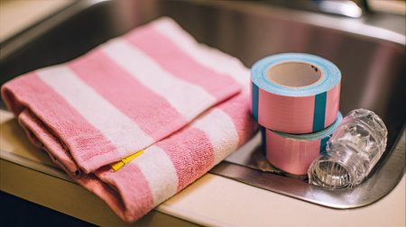 A vibrant kitchen scene showcasing a pink striped towel, colorful adhesive tape, and a clear plastic container arranged on a countertop near a sink.の素材