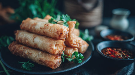 This beautifully styled image features crispy spring rolls resting on a dark wooden table, accompanied by vibrant dipping sauces and fresh herbs.の素材