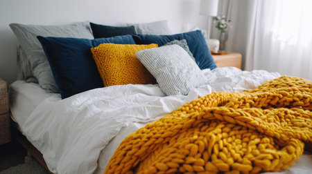 A cozy bedroom scene featuring a plush bed adorned with soft bedding, vibrant throw pillows, and a warm knit blanket, creating a serene atmosphere.の素材