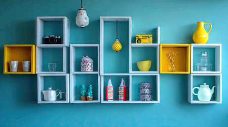 A vibrant arrangement of colorful shelves showcasing a variety of decorative items that enhance the modern interior design aesthetic. Ideal for inspiration.の素材