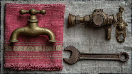 A captivating still life featuring a vintage brass faucet and a wrench on a textured linen background, highlighted by a colorful fabric.の素材