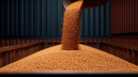 Golden grains flow from a scoop into a large shipping container, highlighting the connection between agricultural production and transportation in a busy warehouse.の素材